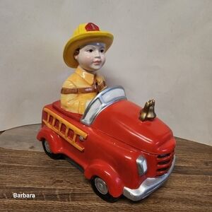 Vintage 60s Fox Run Craftsmen Ceramic Boy in Toy Firetruck Cookie Jar